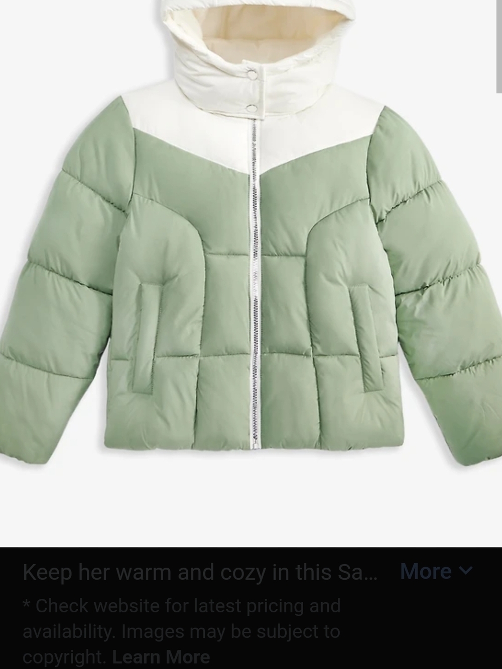 Sam Edelman Kids Two-Tone Puffer Jacket in Sage and Cream